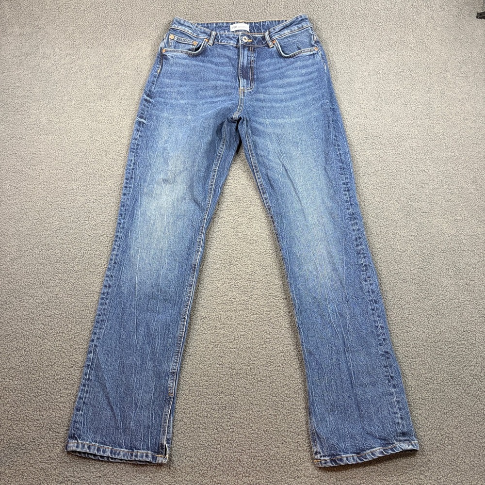 Zara Jeans Women Size 10 Blue Straight Leg Split Hem High Rise Denim 8637